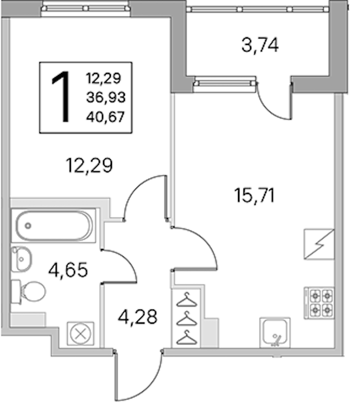 1-комнатная квартира 36.93 м², 1/5 эт., ЖК «ЮгТаун. Олимпийские кварталы»